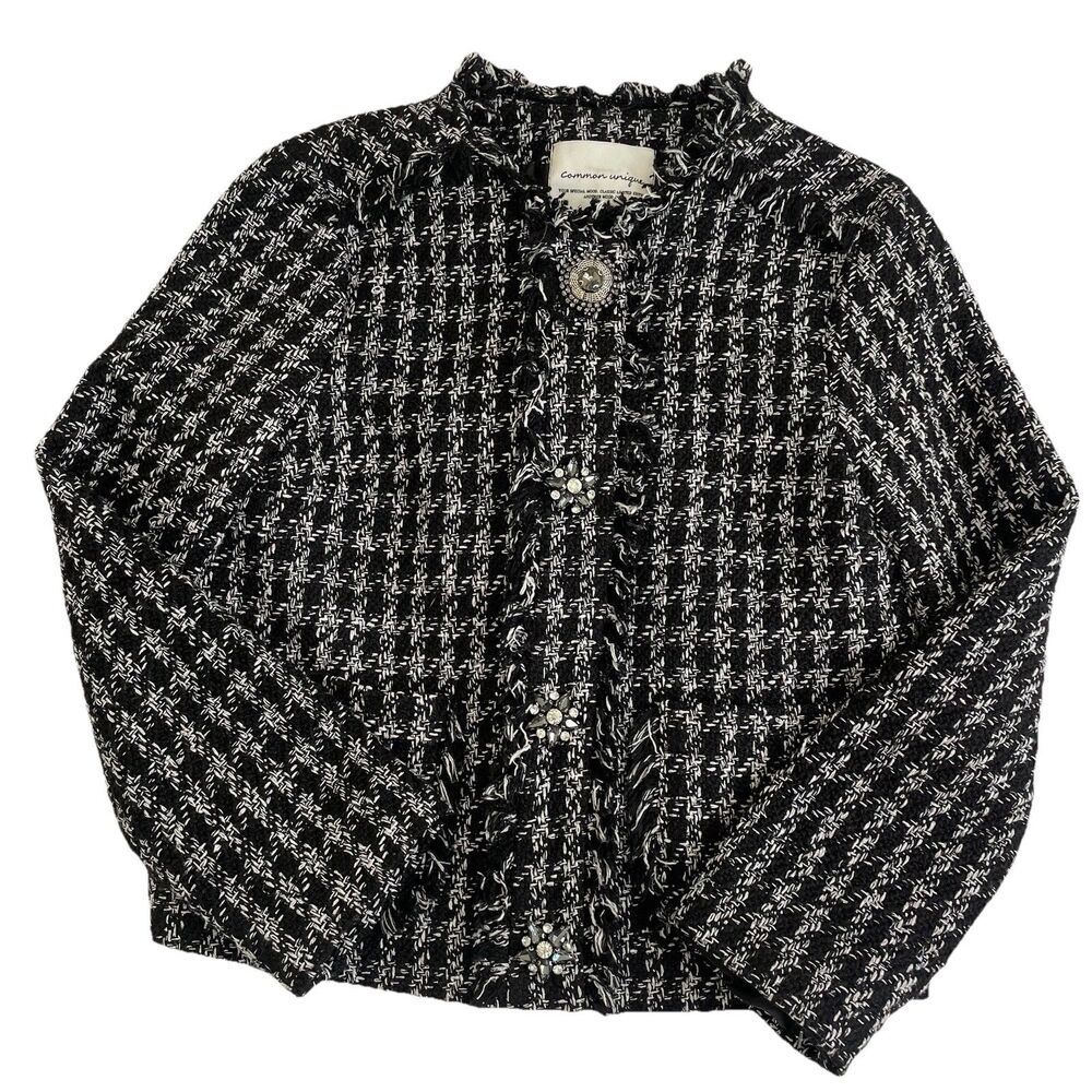 Common Unique Tweed Fringe Trim Houndstooth Embellished Buttons Blazer- S